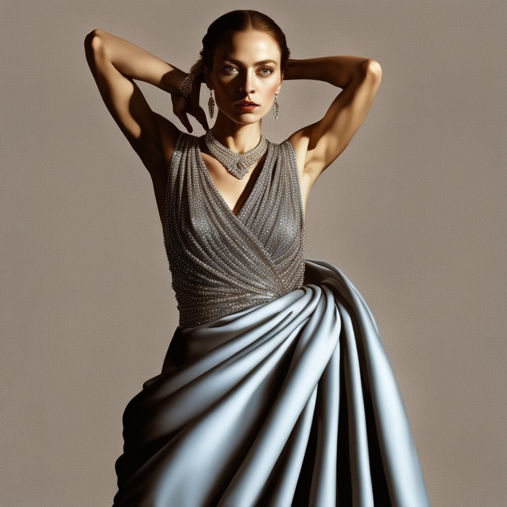 Hyperrealistic Portrait of Woman in Gown with Diamonds