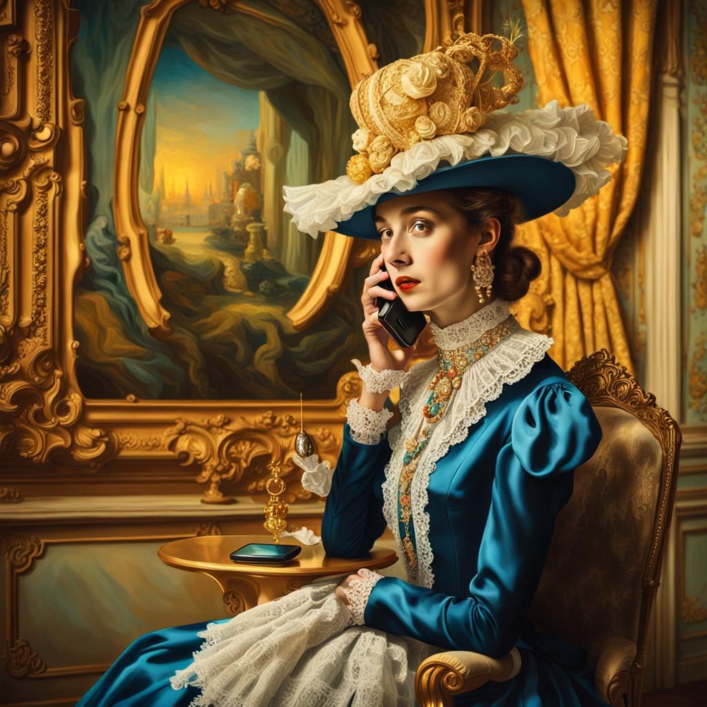Victorian Woman Using Cellphone in Surrealist Portrait
