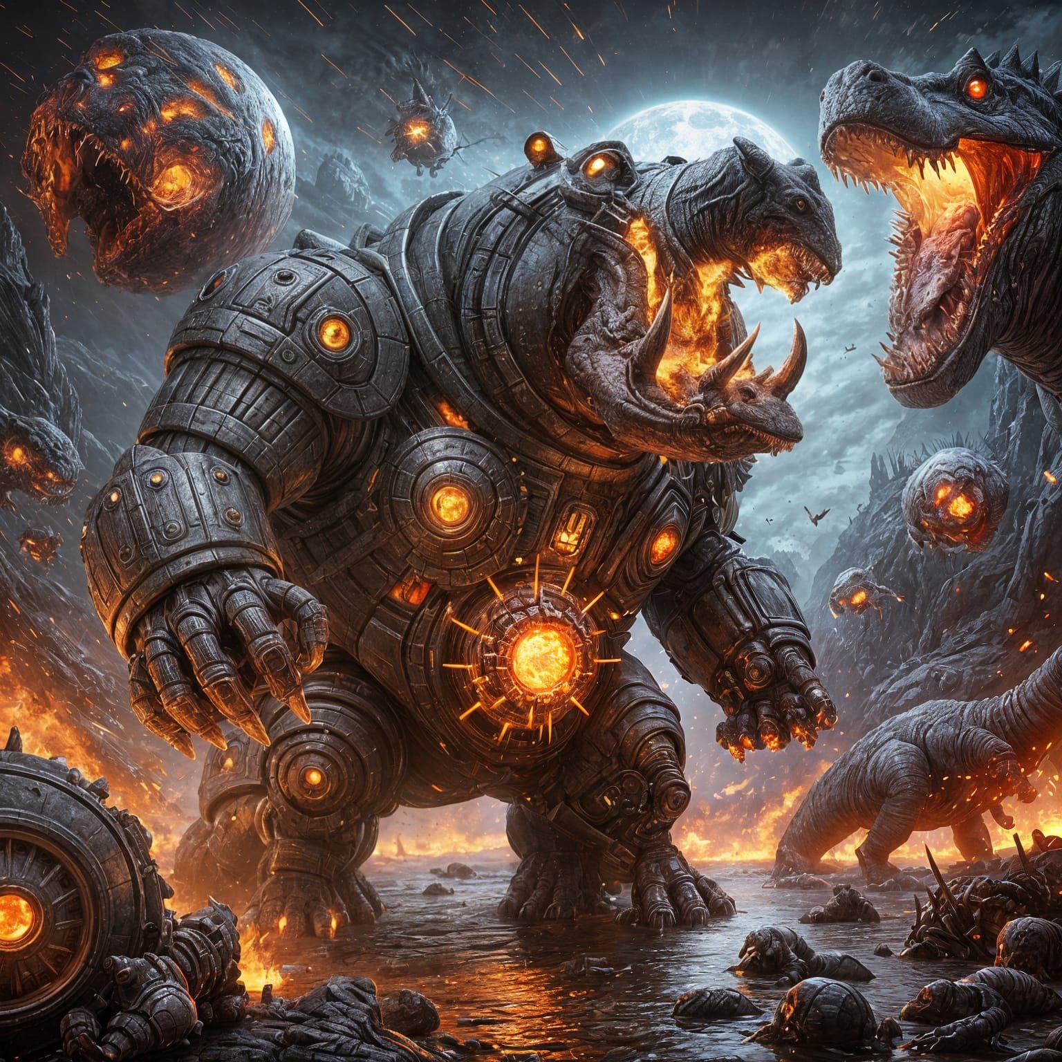 Armored Hippo Victorious Over T-Rex in Fantasy Art