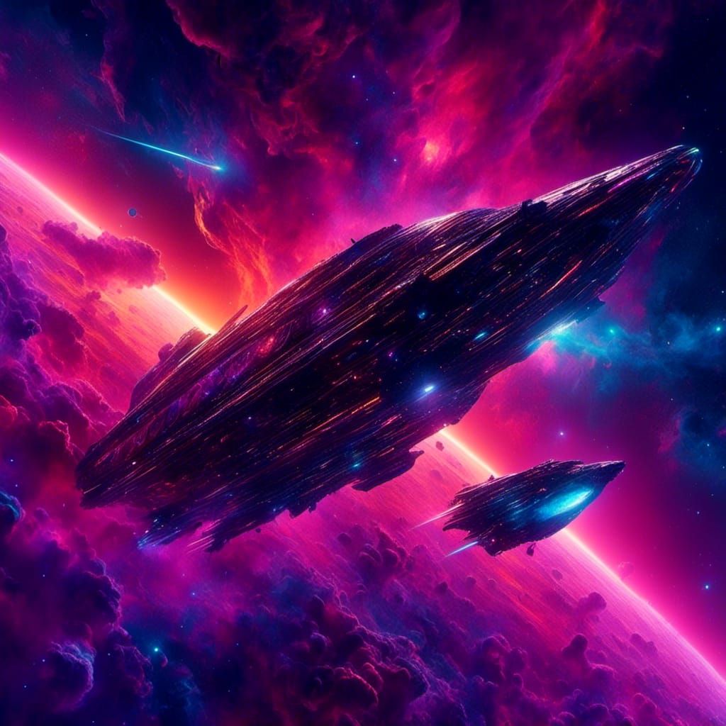 Futuristic Spaceship Soaring Through a Colorful Nebula