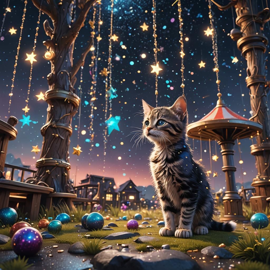 Kitten Playground Under a Starry Night Sky