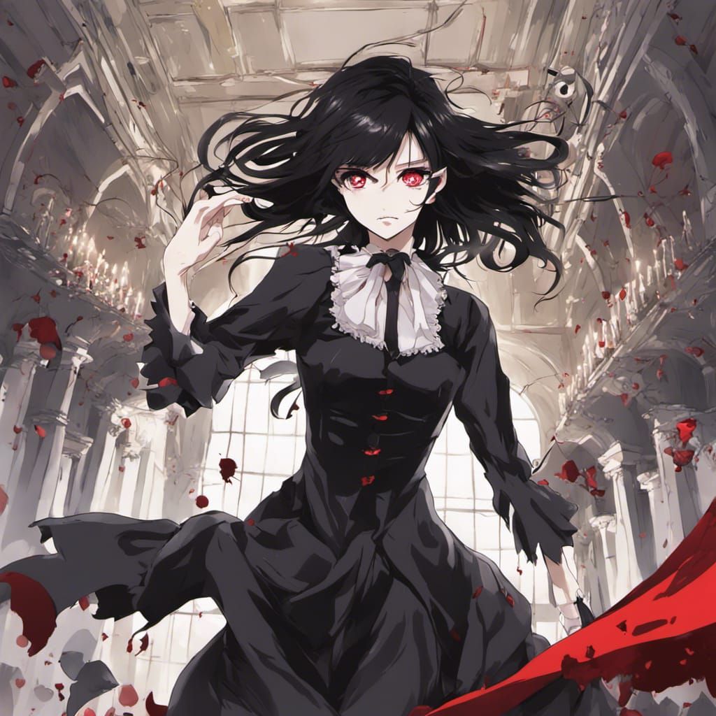 Fearless Vampire Woman in Anime Style Ballroom