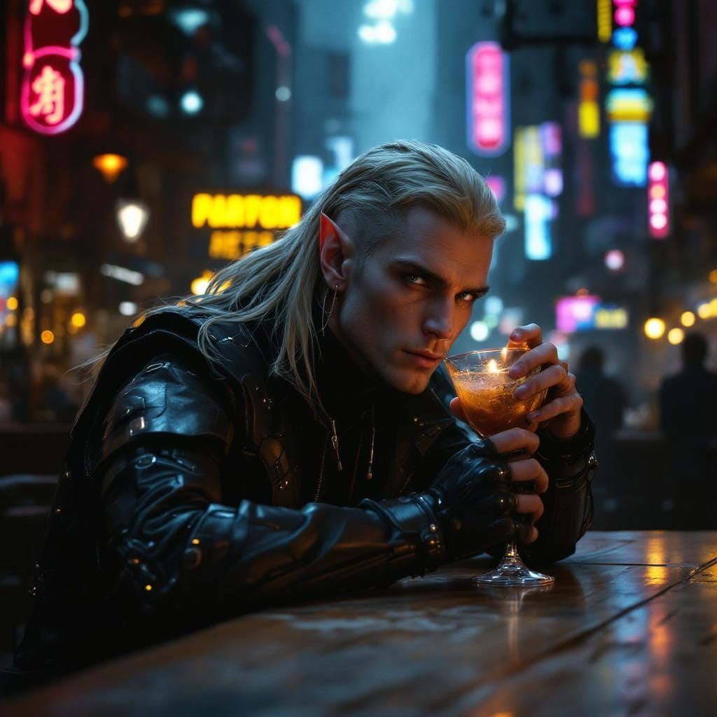 Cyberpunk Elf Shadowrunner in Futuristic City Bar