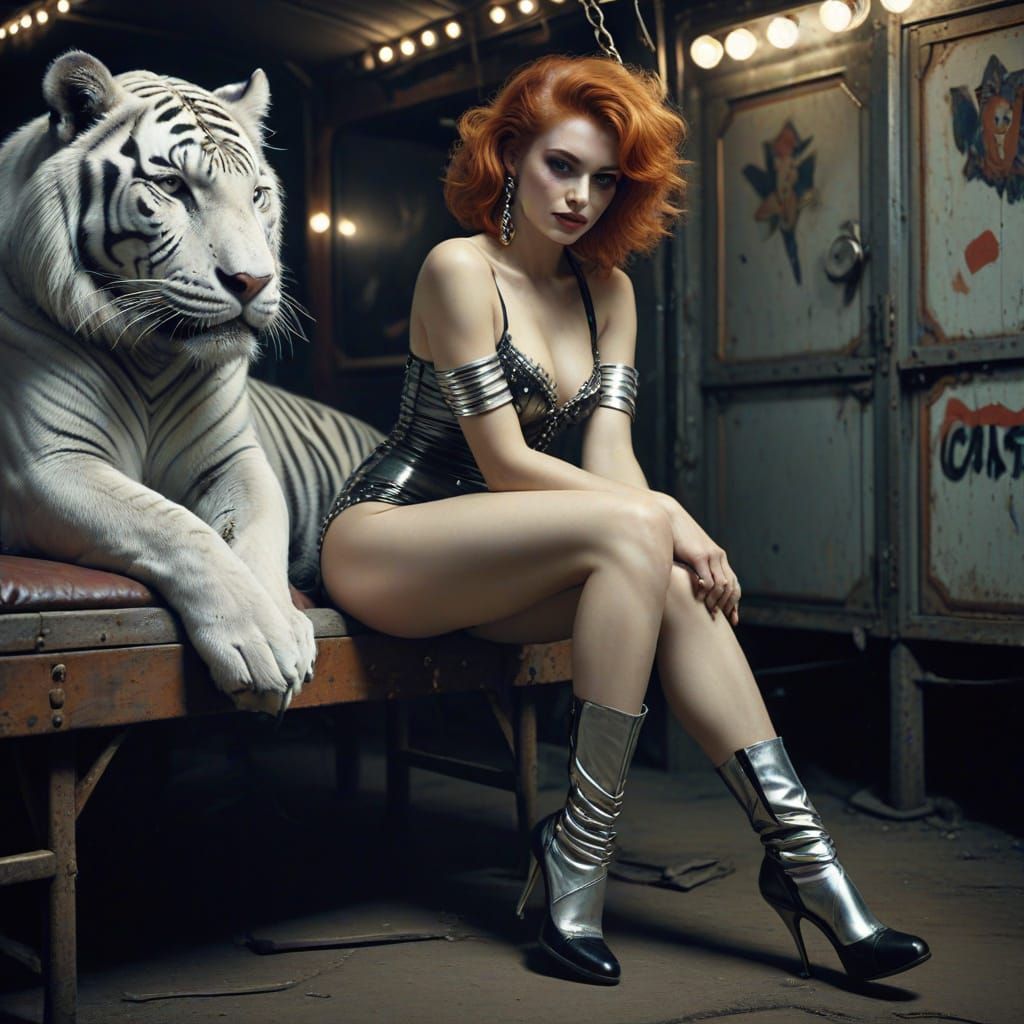 A Pin-Up Girl and Her Scratched White Tiger in a Circus Cara...