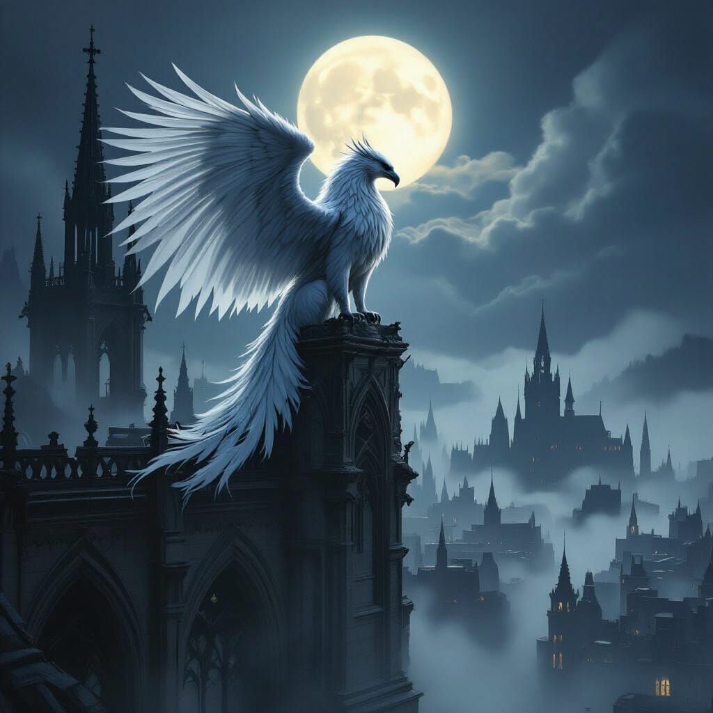 Griffin Overlooks Mist-Shrouded City in Hyper-Fantasy Style