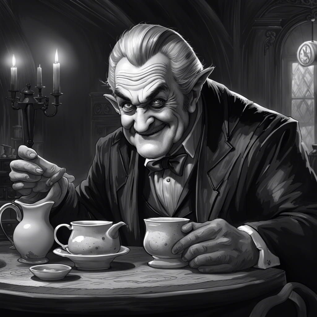 Grandpa Munster Having Tea: Black and White Portrait