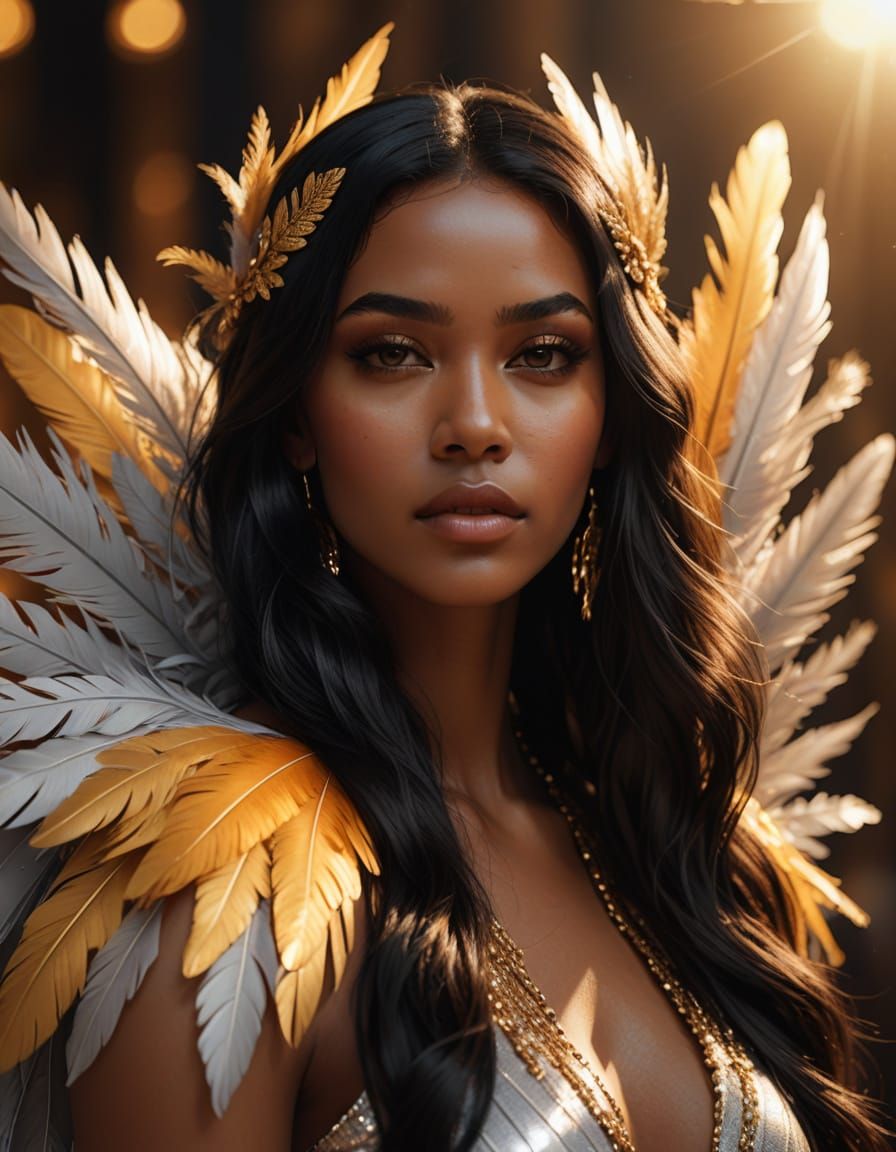 Elegant Dominican Woman with Glowing Feathers