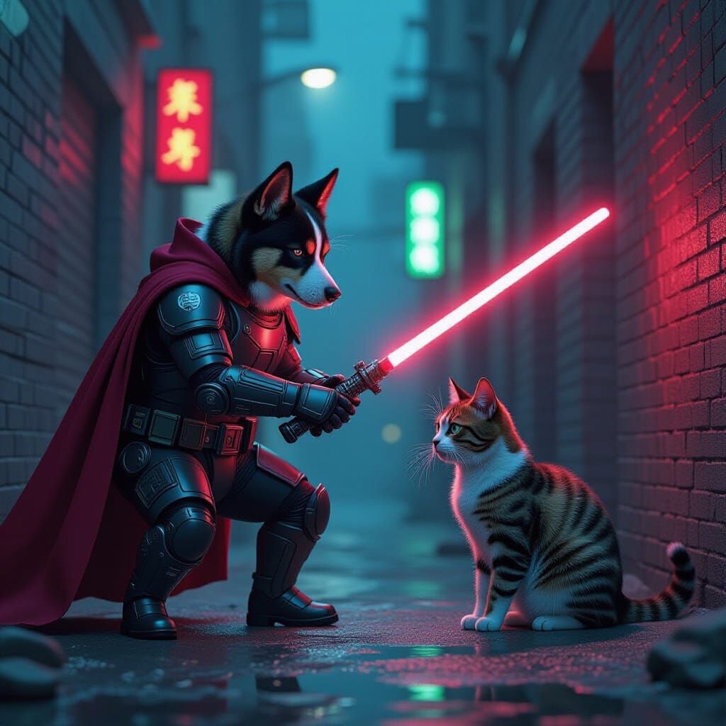 Realistic Dog Fighting Cat with Laser Sword