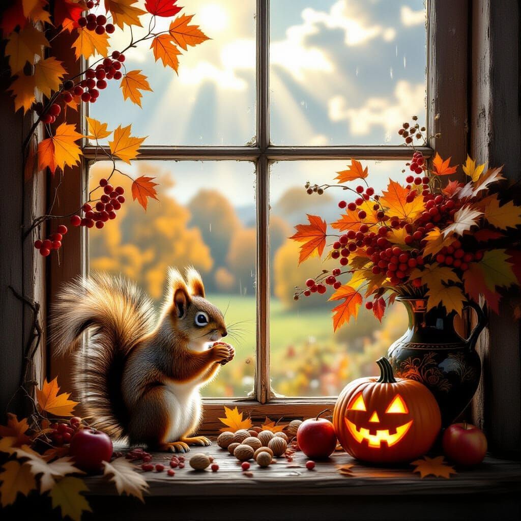 Fluffy Squirrel on Autumn Window with Baroque Vase