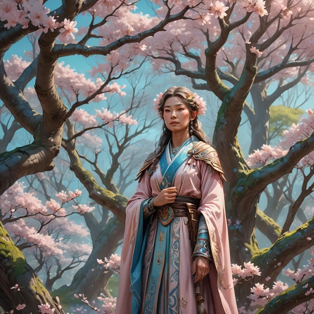 Earth Druid in Sakura Grove: Whimsical Fantasy Art