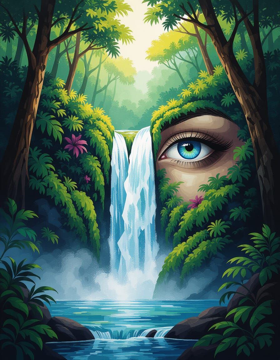 Surreal Waterfall Snail in Jungle Landscape
