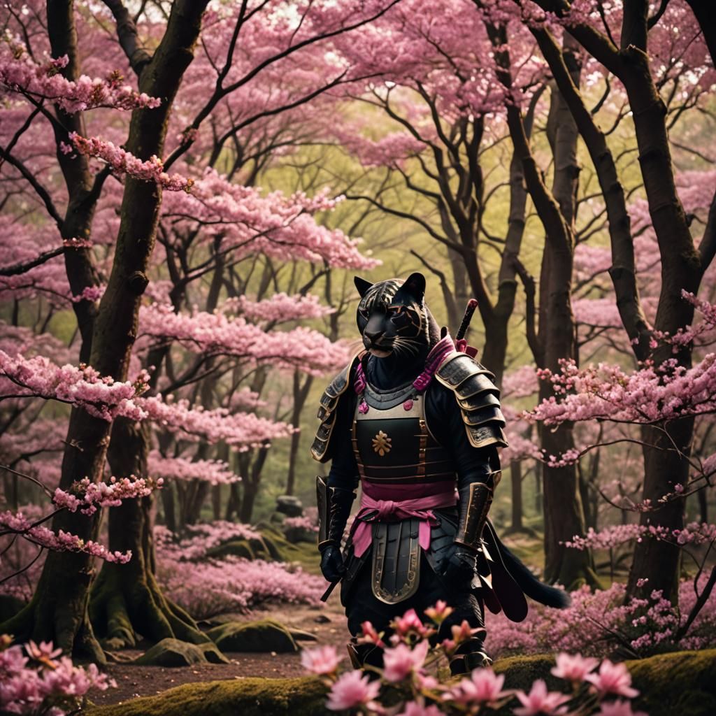 Samurai Panther in Sakura Forest, Cinematic Fantasy