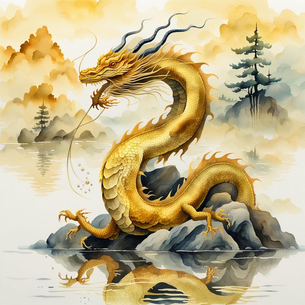 Golden Water Dragon in Chinese Watercolor Style