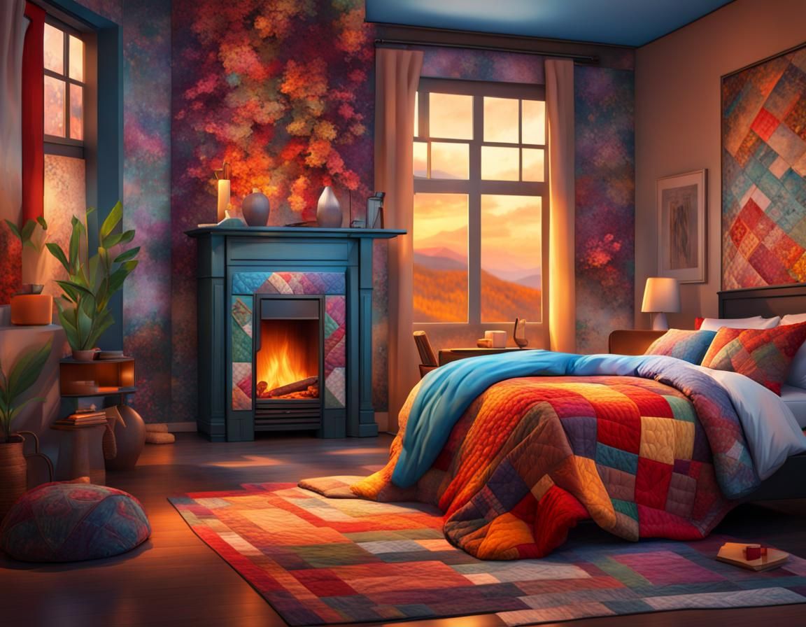 Hyperrealistic Cozy Bedroom with Fireplace and Quilt