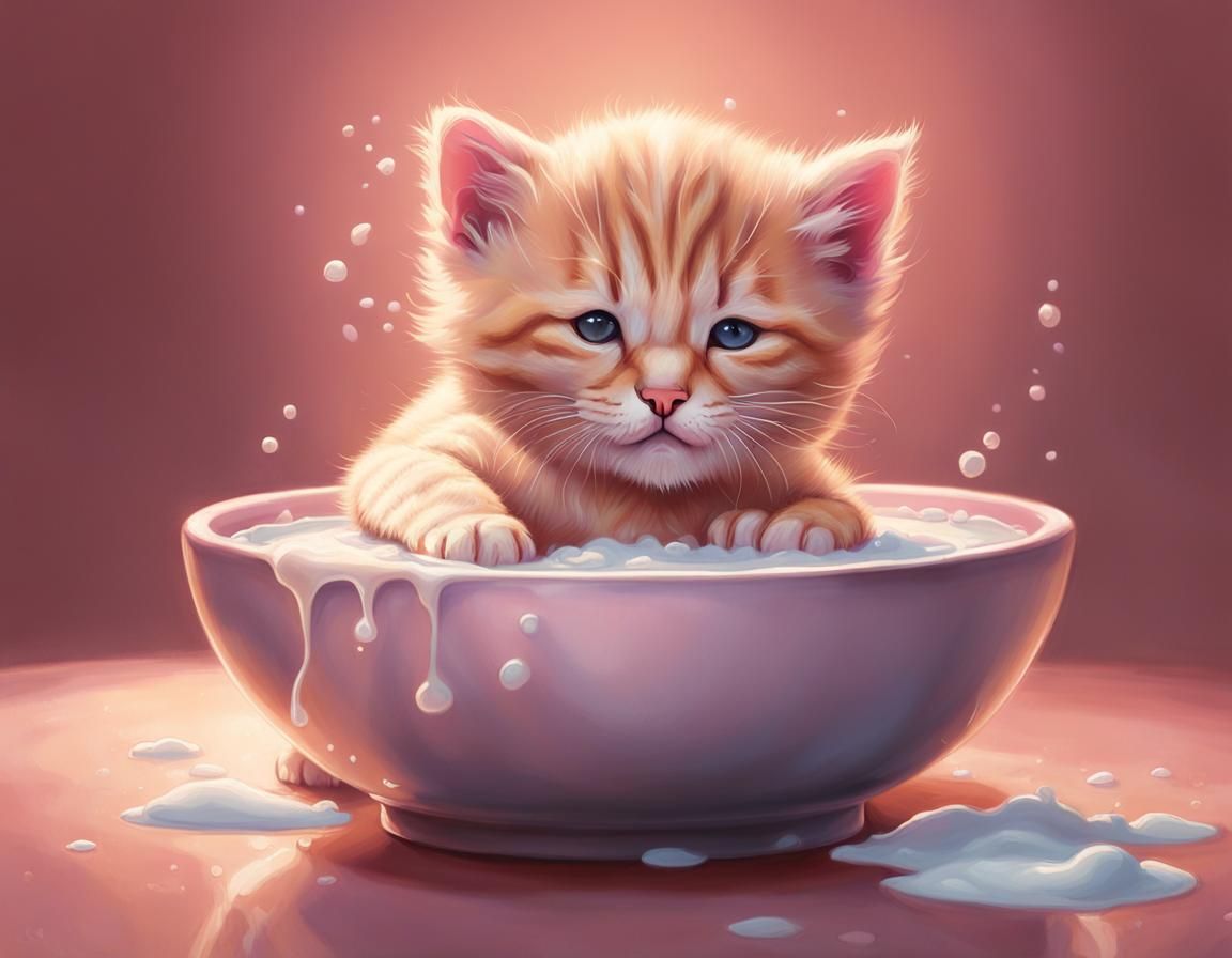 Pink Cat Cub Lapping Milk: Hyperrealistic Dreamcore Art