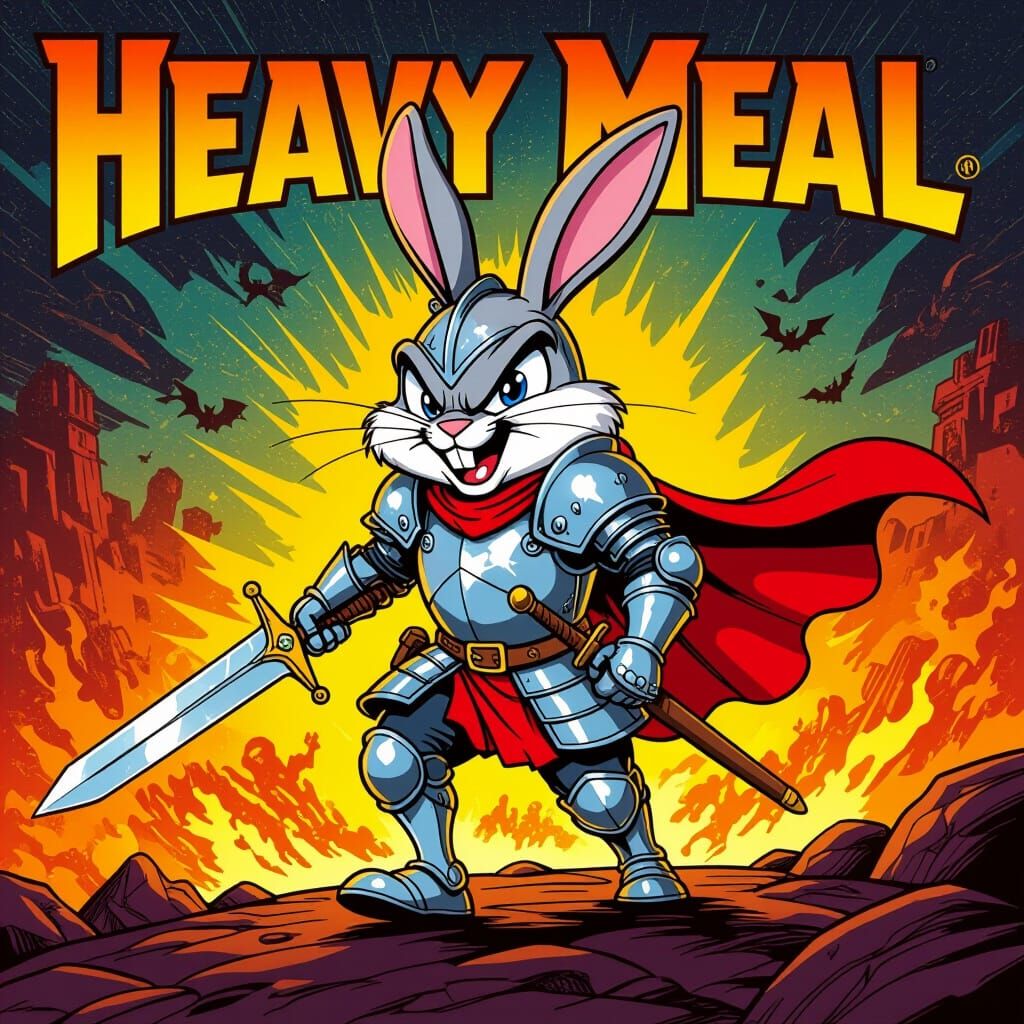 Armored Rabbit Marches Through Cartoon Hellscape