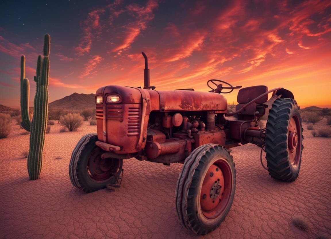 Romantic Sunset Over Desert With Rusted Tractor