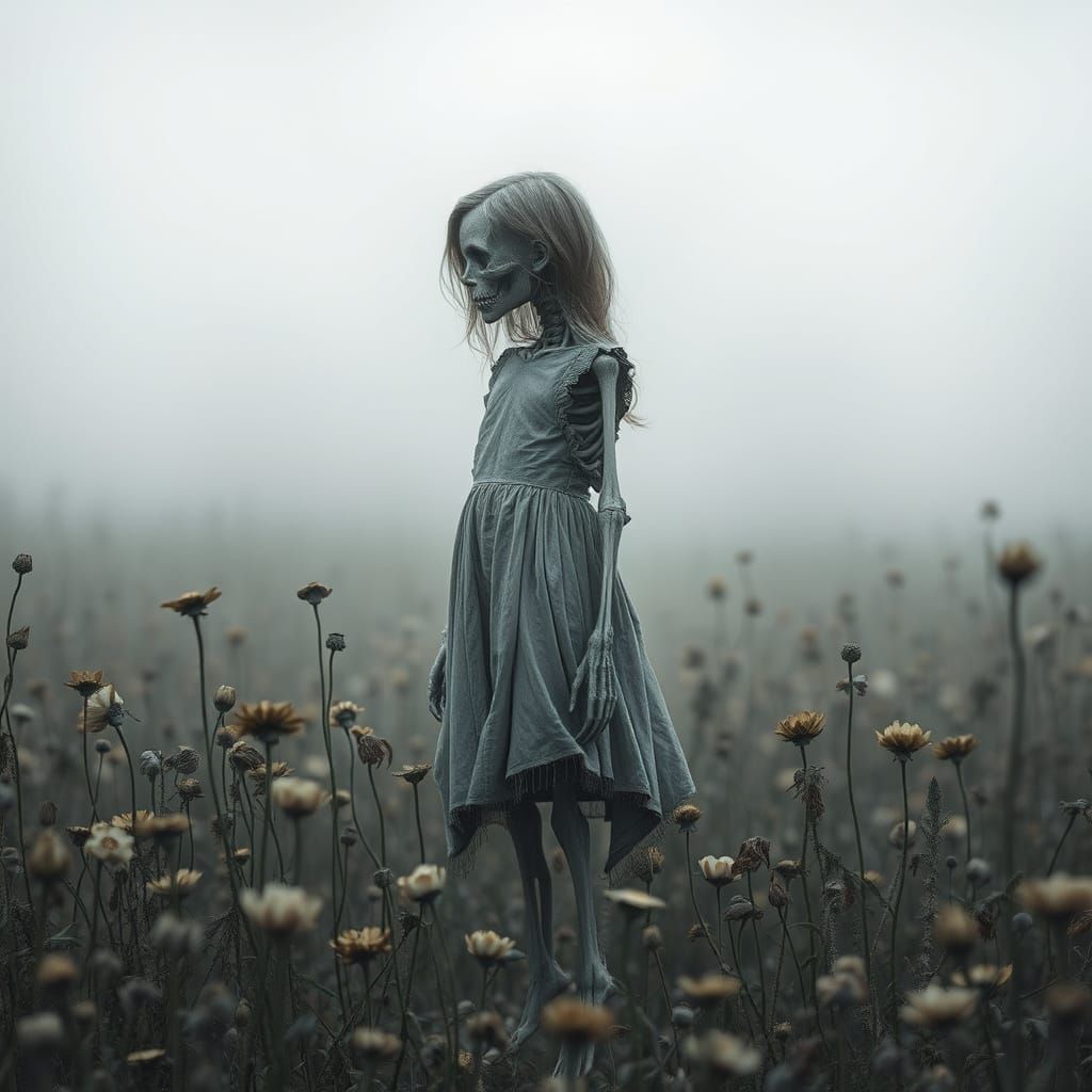 Ethereal Skeleton Girl in a Monochromatic Field of Dead Bloo...