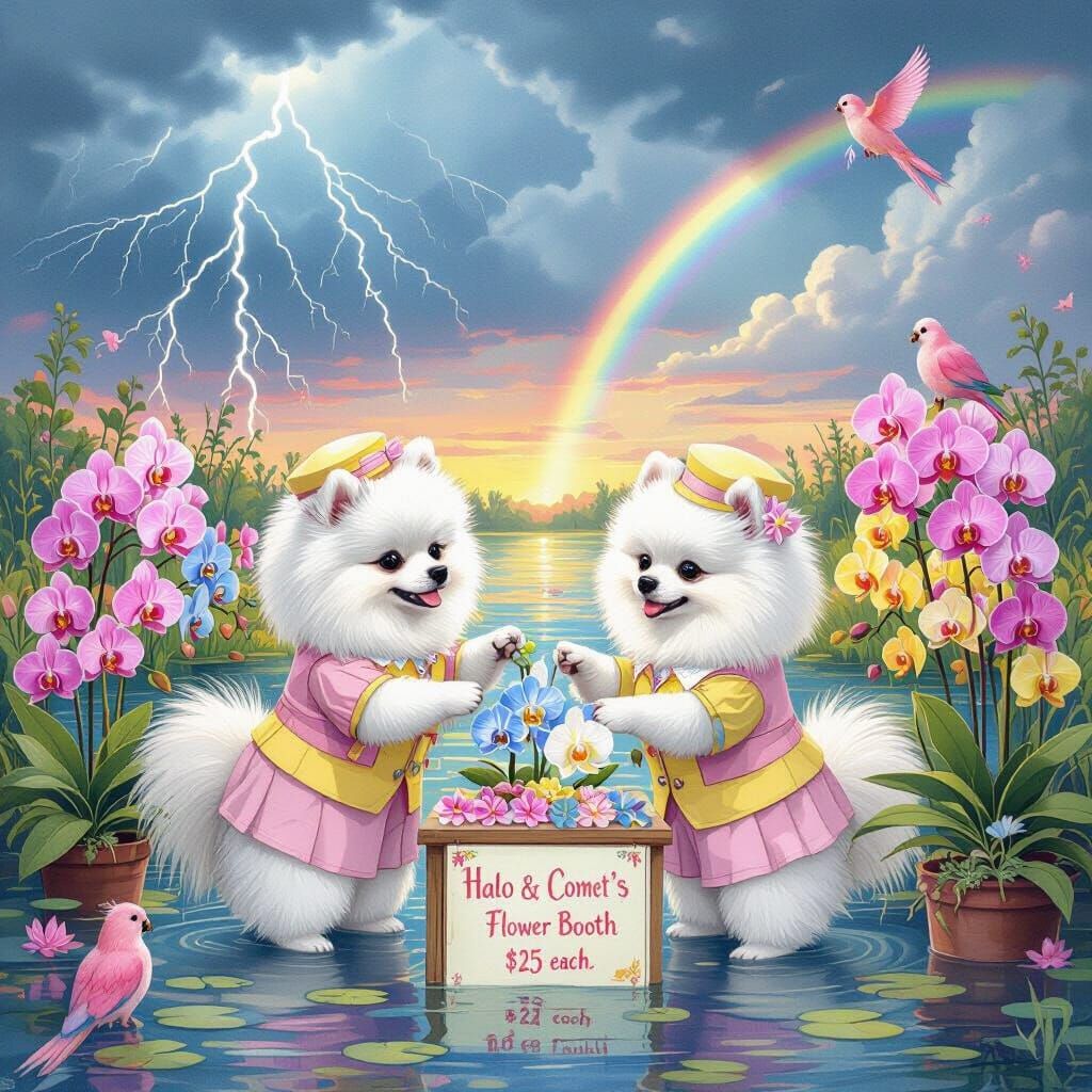 Pomeranians Sell Orchids in Surreal Swamp