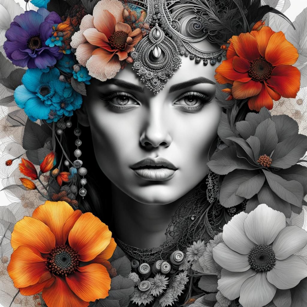 Striking Grayscale Portrait with Red Lips in Collage Art