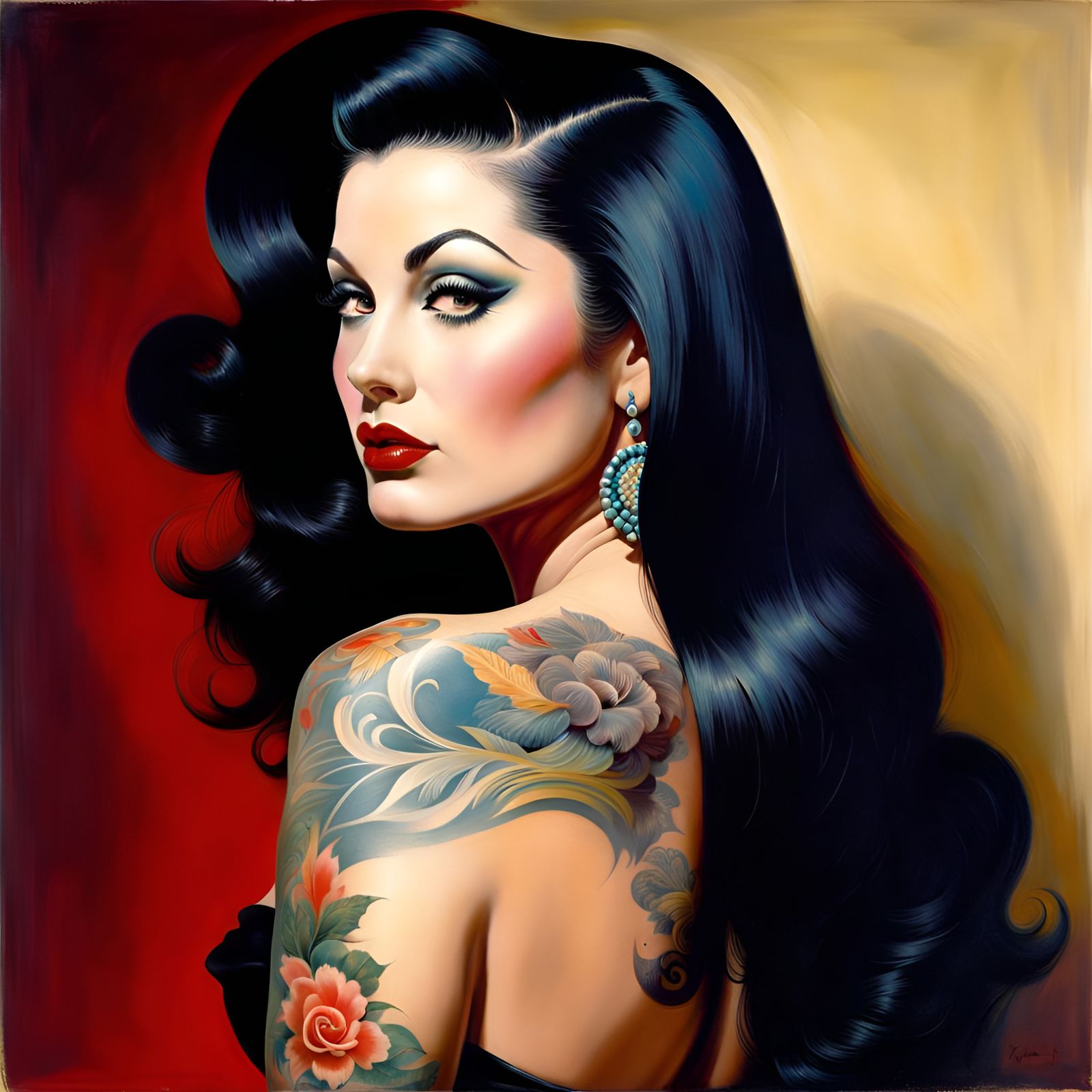 Tattooed Woman Portrait in Pin-Up Style