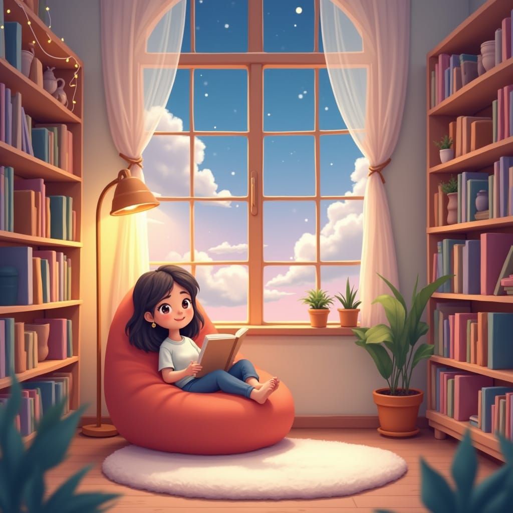 Cozy Cartoon-Style Library Scene with Pastel Tones and Charm...