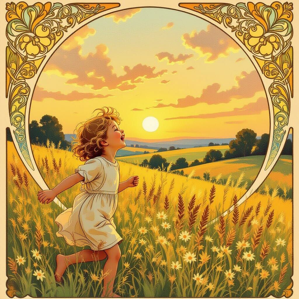 Art Nouveau Child Running in Sunlit Meadow