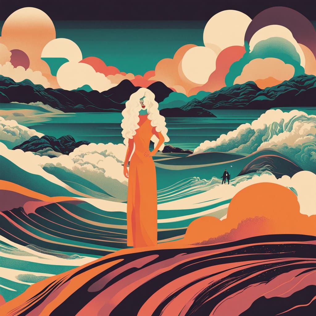Woman on Precipice Gazing at Abstract Sea in Retro Poster St...