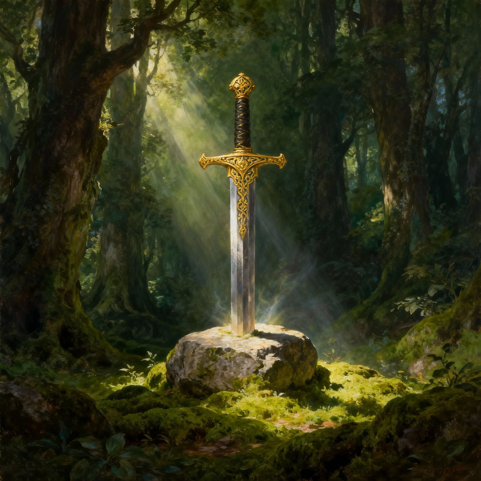 Legendary Sword in Forest: Oil Painting Masterpiece