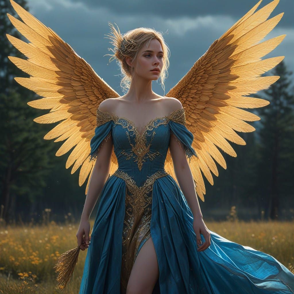 Majestic Fairy in Sparkling Blue Gown with Golden Wings
