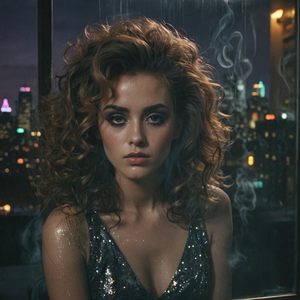 1980s Film Noir Portrait with Neon Cityscape