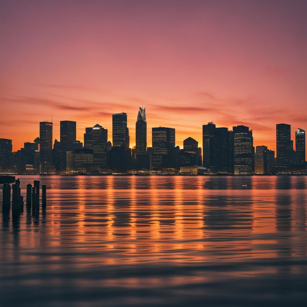 Sunset Over City Skyline Reflection