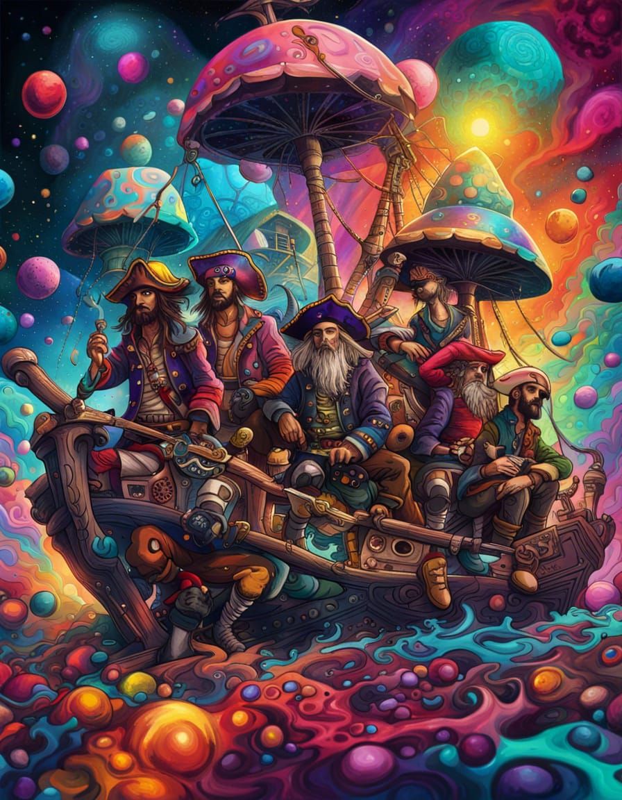 Pirate Crew Navigating Multiverse in Graffiti Art Style