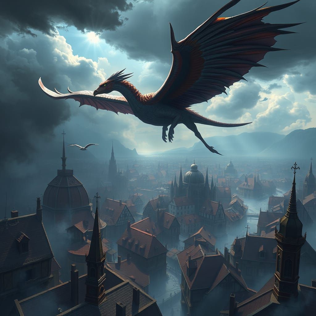 Hippogriff Soaring Over Medieval City, Fantasy Art