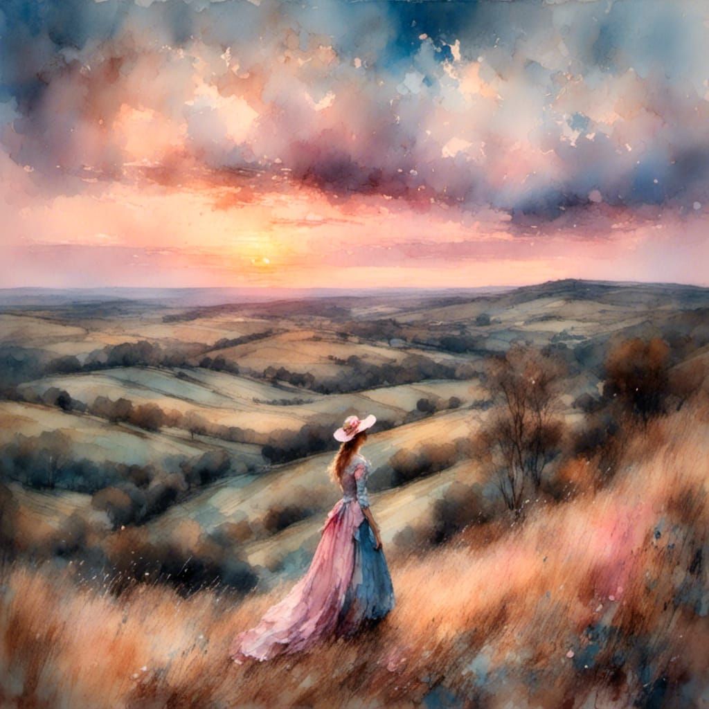 Impressionist Woman Gazing at Sunset Watercolor Painting