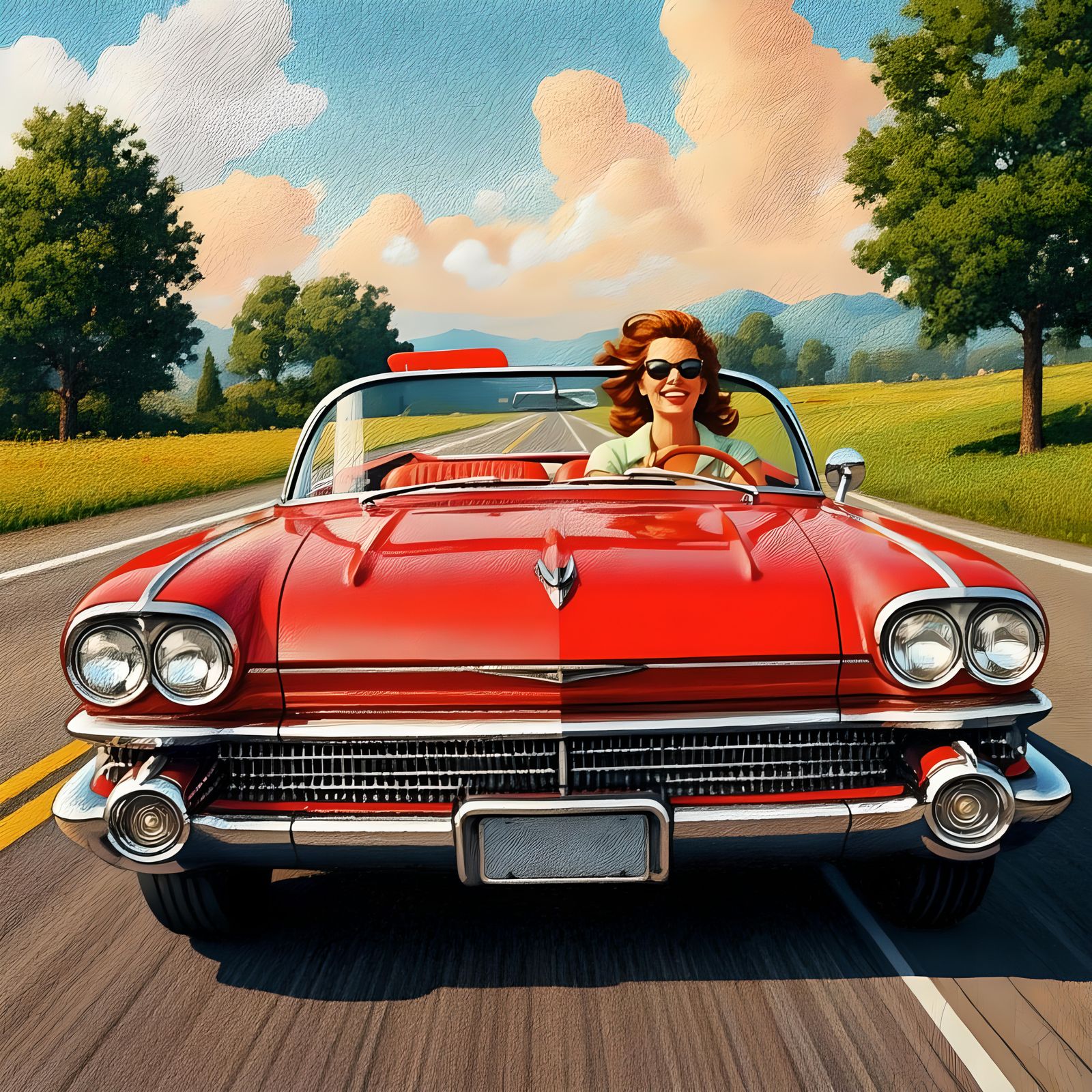 Nostalgic Woman Driving Convertible: Pointillism Painting