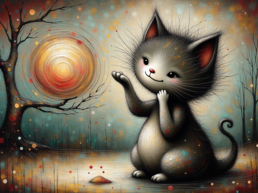 Whimsical Kitten Plays with Galactic Orb