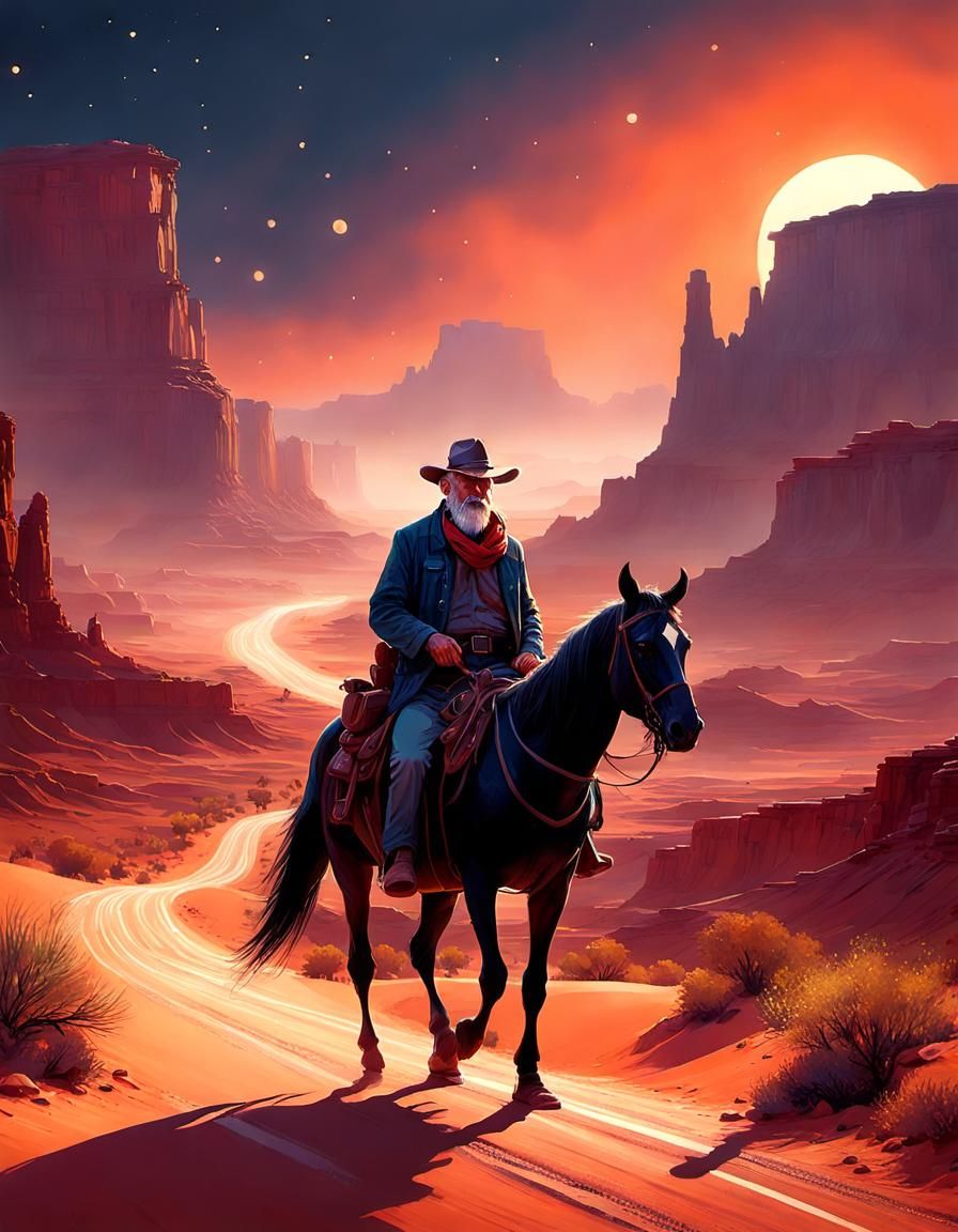 Cowboy's Desert Journey: A 3D Render in Watercolor Style