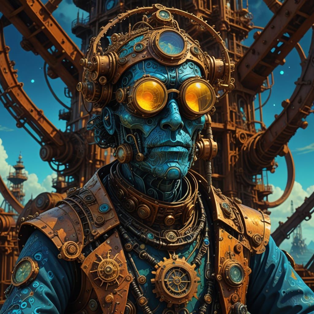 Cybernetic Being on Oil Rig in Oilpunk Style