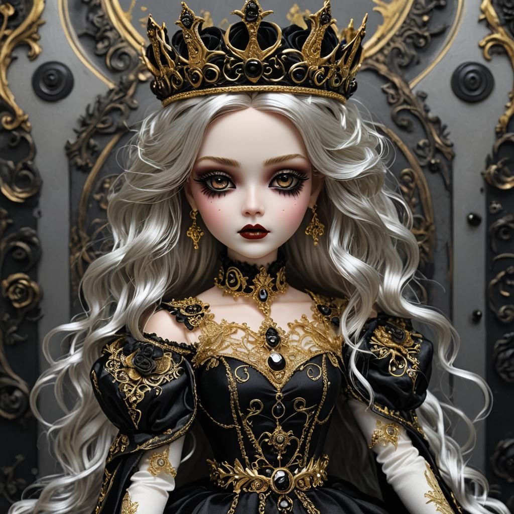 Gothic Queen Doll with Black Roses and Gold Crown