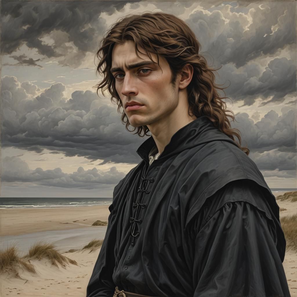 Renaissance Man Weeping on a Beach, Pre-Raphaelite Style
