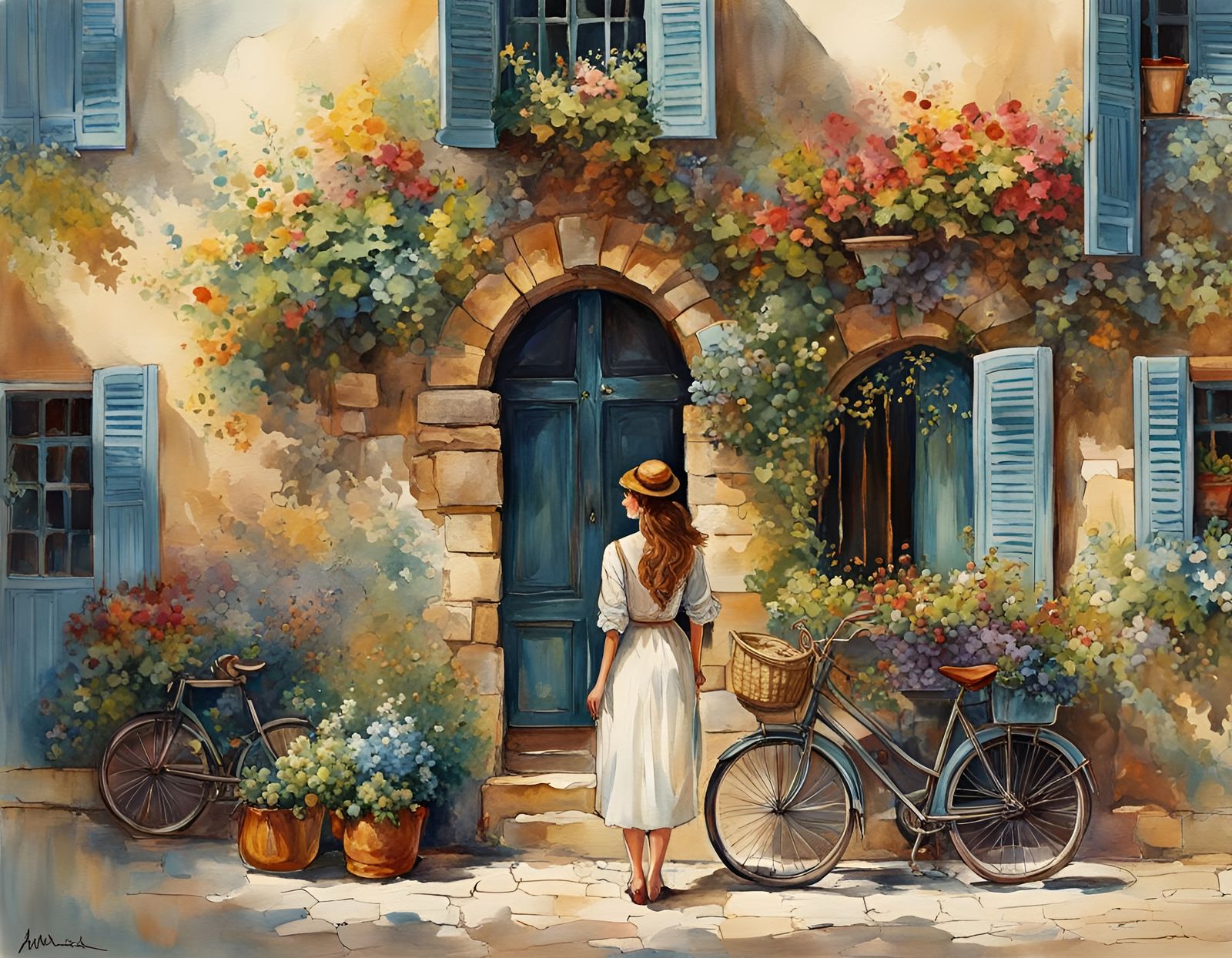 Eroding Stone Wall in France with Arches and Flowers