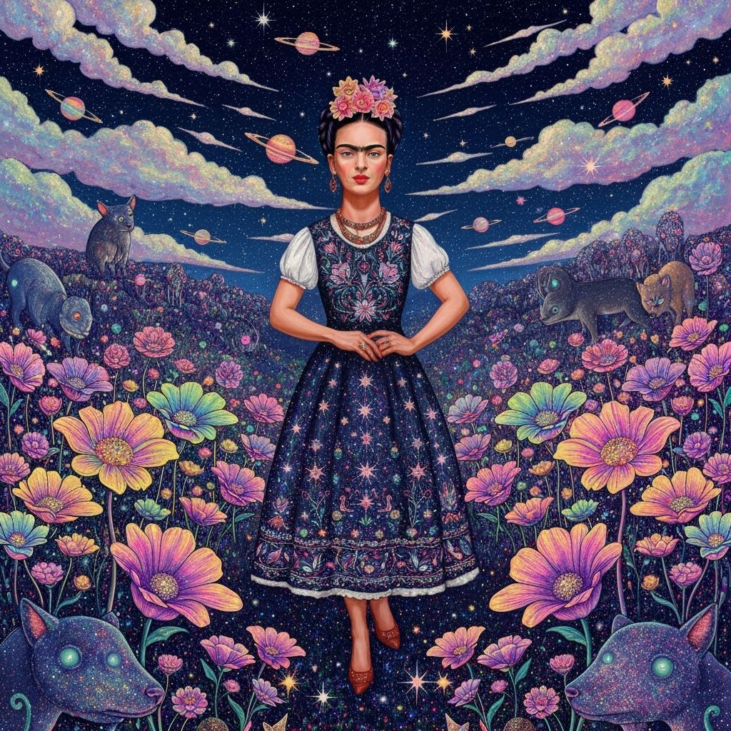 Cosmic Garden: A Surreal Scene in Dreamlike Colors