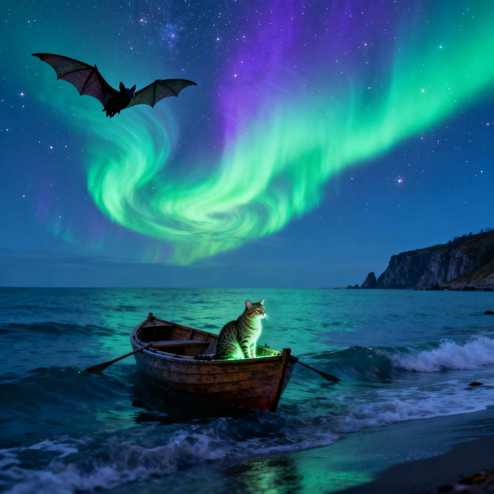 Wildcat and Bat Under Northern Lights at Sea