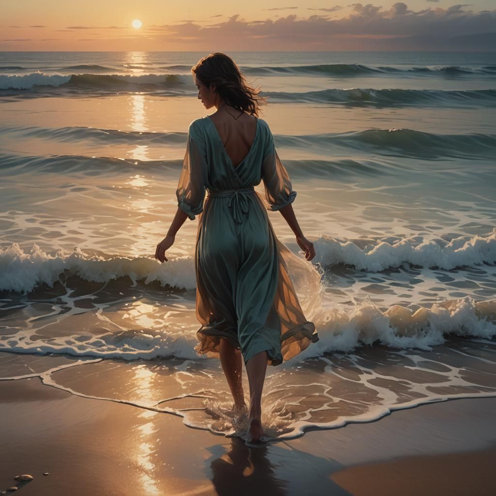 Girl Enters Ocean at Sunset: Cinematic Oil Painting