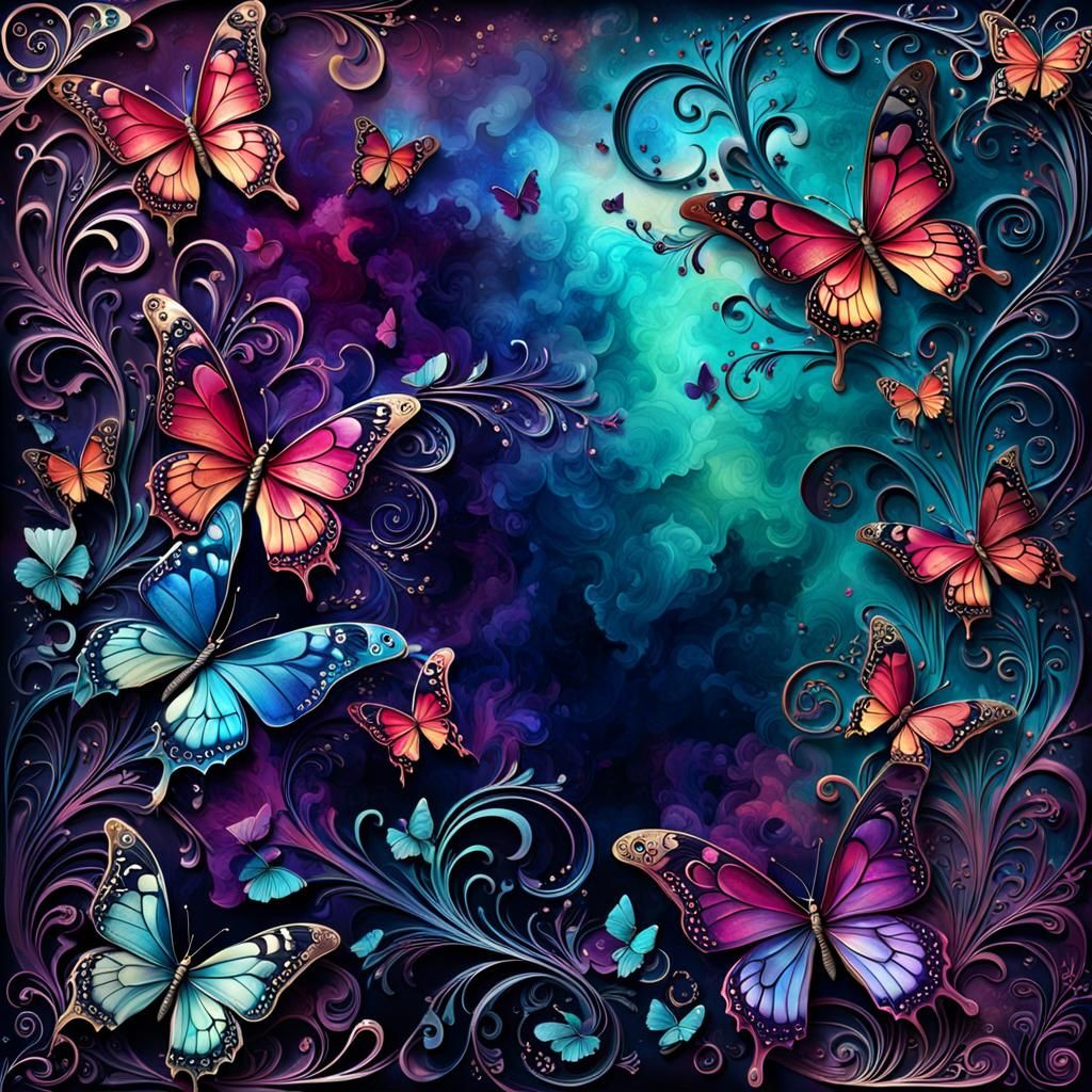 Ethereal Digital Paper with Butterflies in Jewel Tones