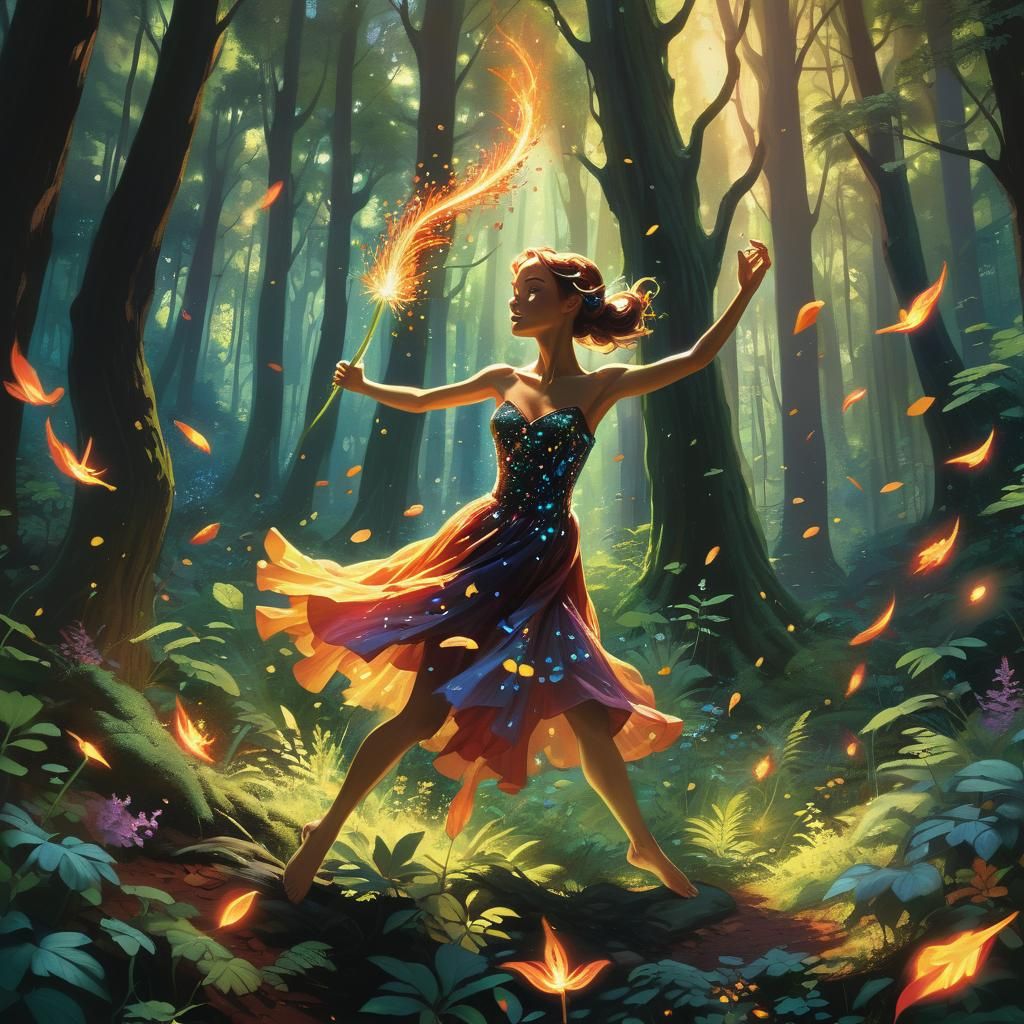 Dancing Figure Revitalizes Forest in Ethereal Illustration