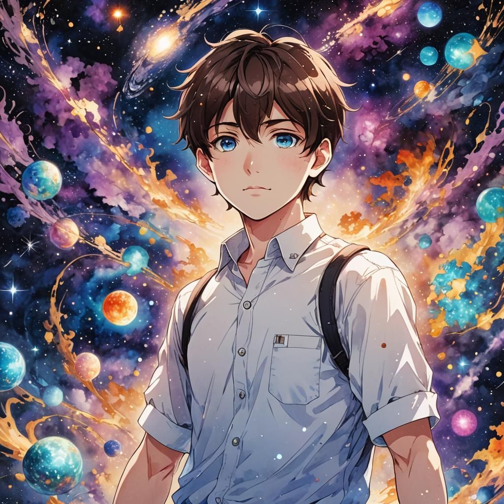 Anime Male Portrait in Galaxy, Manga Style