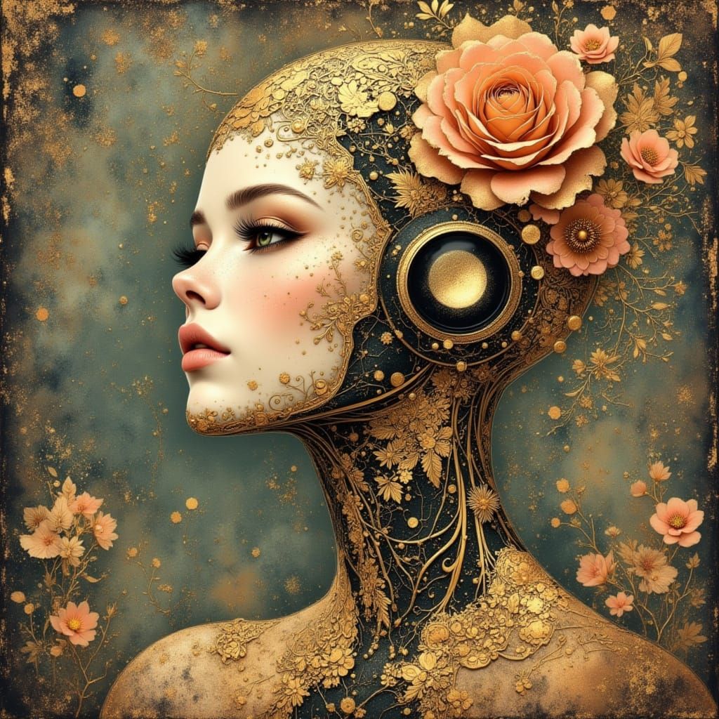 Nymph Cyborg Robot with Floral Etchings in Anime Style