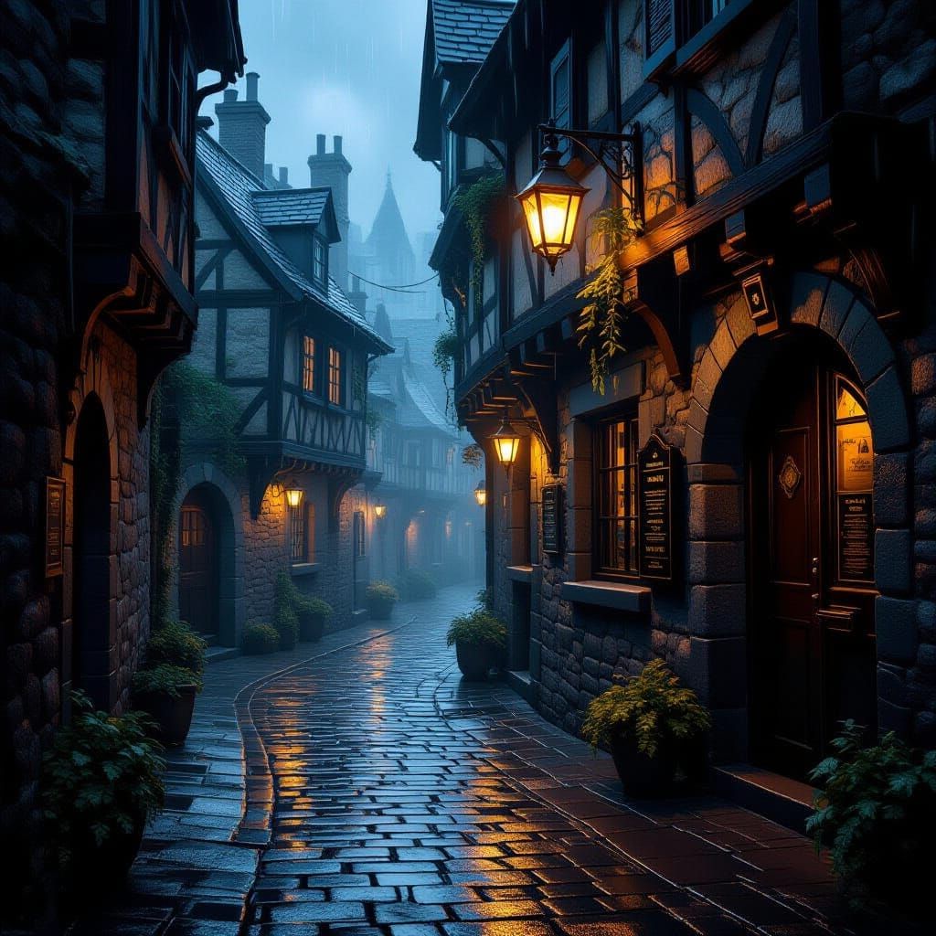 Rainy Cobblestone Alley with Tavern Lantern